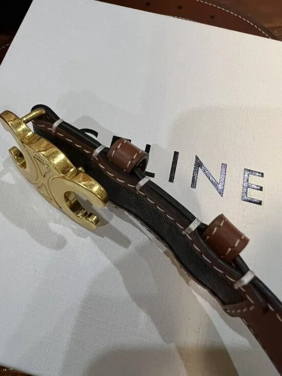 Celine Triomphe Belt Triomphe Canvas Tan Leather Gold Logo Buckle Designer Waist